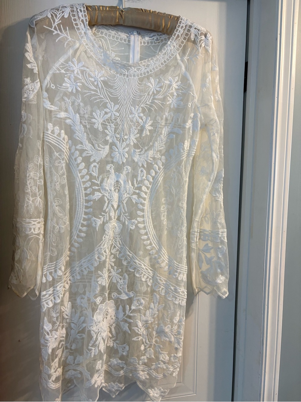 Honey Punch White Sheer Embroidered Long Sleeve Dress